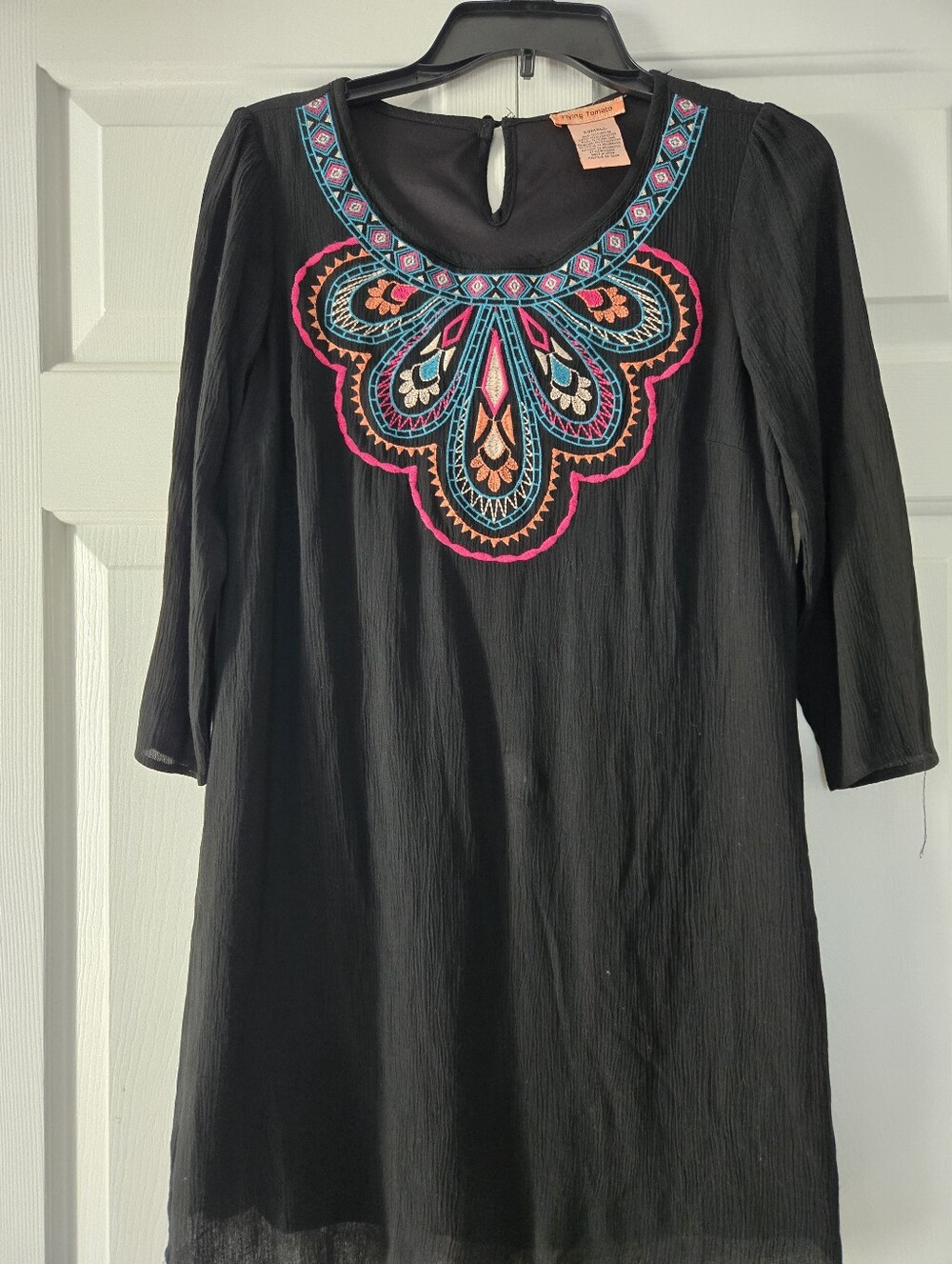 Flying Tomato Black Top with Turquoise and Pink Embroidery